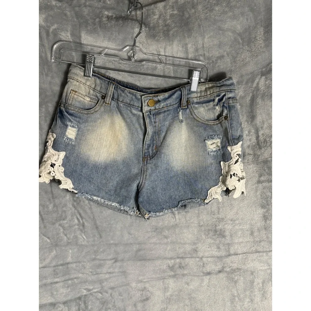 Blu Pepper‎ Vintage Womens Blue Denim Crochet Lace Trim Distressed Shorts L